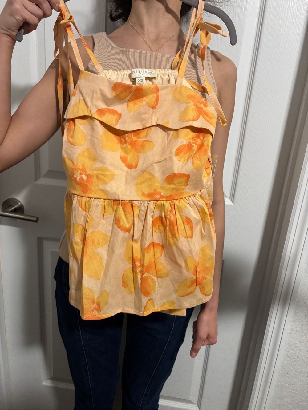 NWT Thirty Thirty LA XS Orange Floral Tie Shoulder Peplum Cami Top Cottagecore